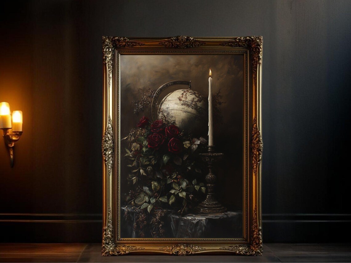 Elegant Vintage Oil Painting Globe and Candle Still Life