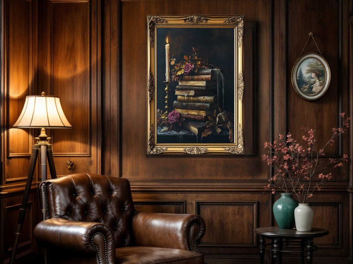 Vintage Book Stack, Candlelit Still Life Poster - Image 2
