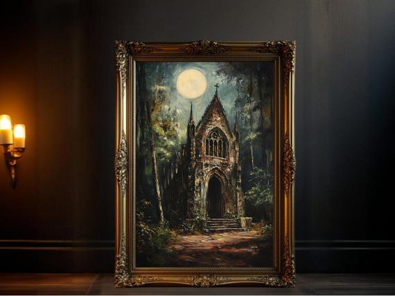 Haunted Gothic Church, Full Moon Night Painting