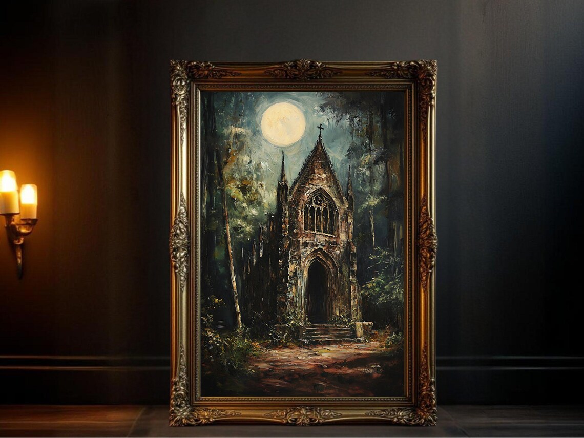 Haunted Gothic Church, Full Moon Night Painting