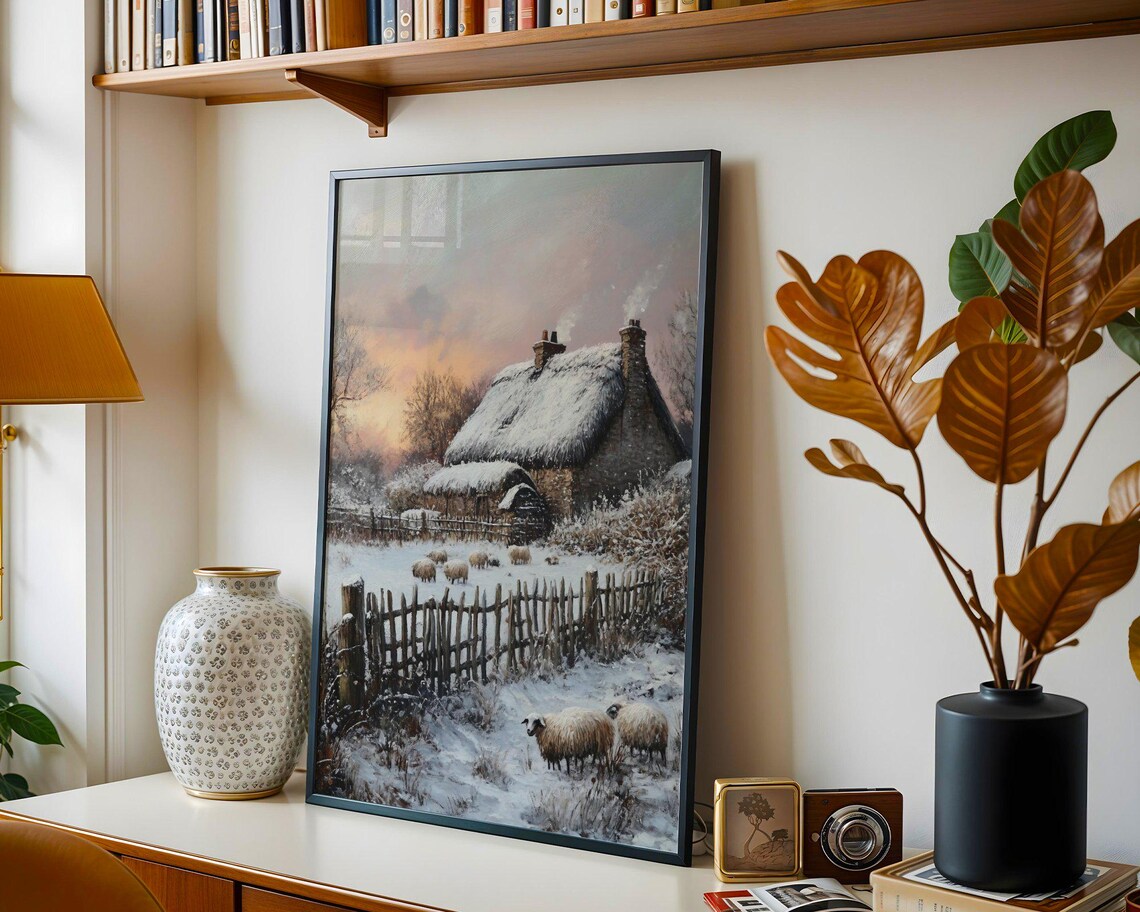 Winter Cottage Landscape, Rustic Snowy Countryside Scene - Image 2