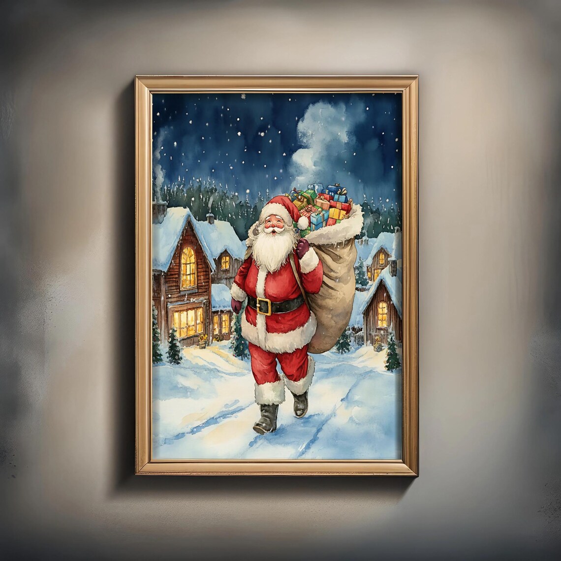 Rustic Santa With Gifts, Cozy Winter Scene