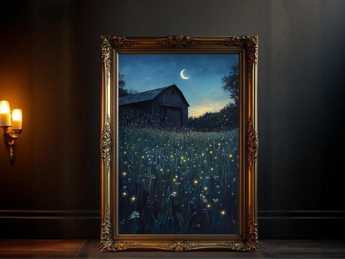 Enchanting Night Barn Scene, Magical Countryside Landscape