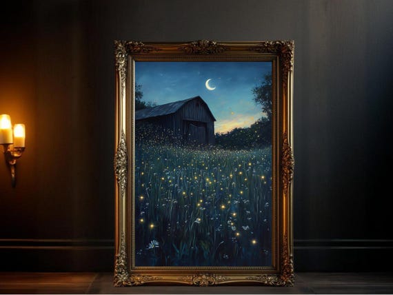 Enchanting Night Barn Scene, Magical Countryside Landscape