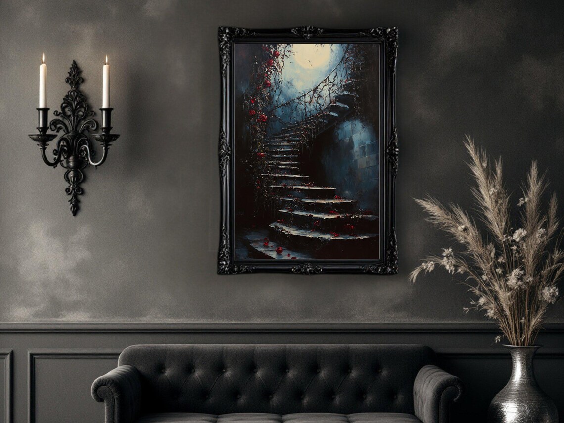 Spooky Gothic Staircase, Eerie Moonlit Scene Art Print - Image 2