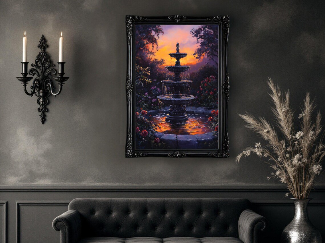 Fountain Sunset, Mystical Garden Scene Art Print - Image 2
