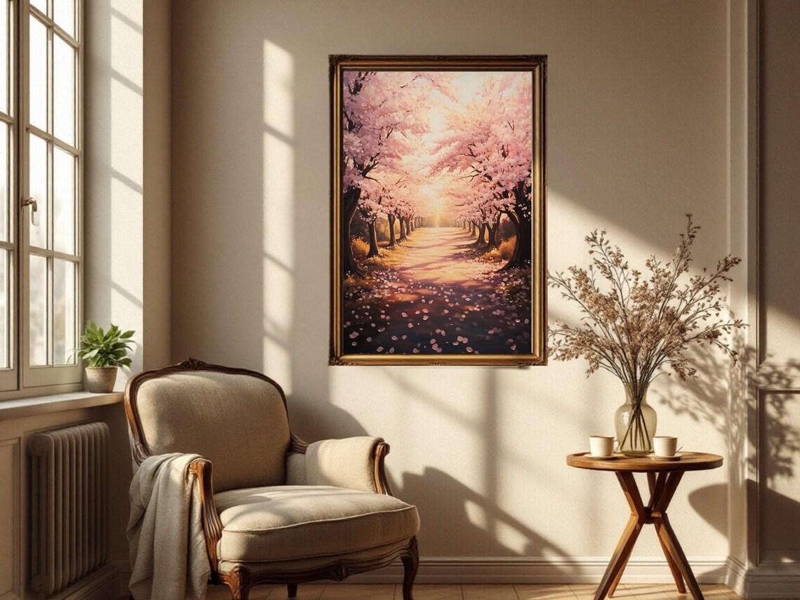 Cherry Blossom Street, Springtime Landscape Art Print - Image 3