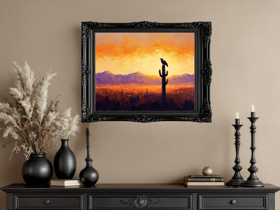 Southwestern Desert Sunset With Eagle, Desert Landscape - Image 2