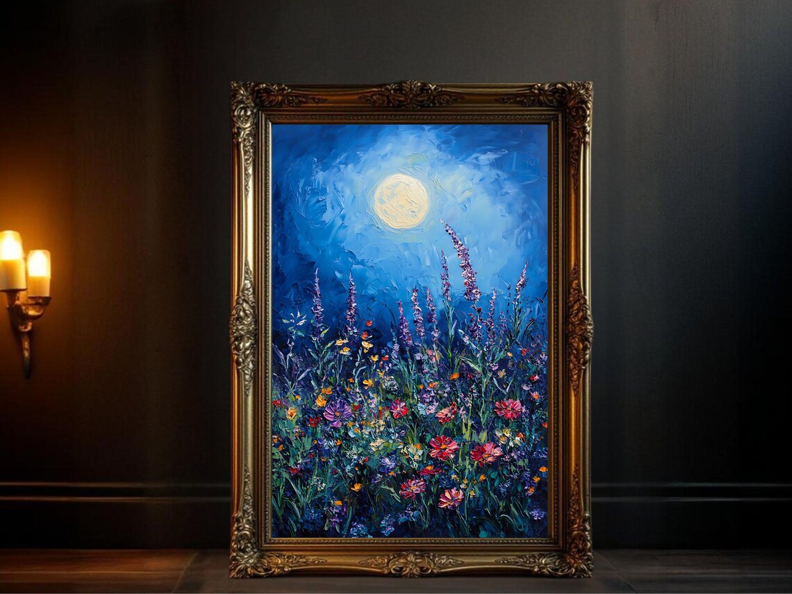 Moonlit Floral Night Flower Meadow Art Print
