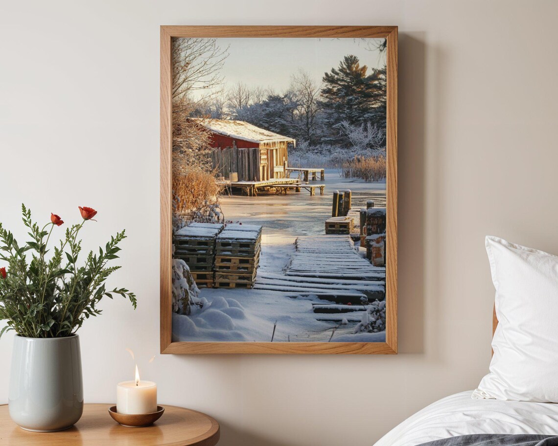 Winter Cabin In Snow, Rustic Frozen Lake House