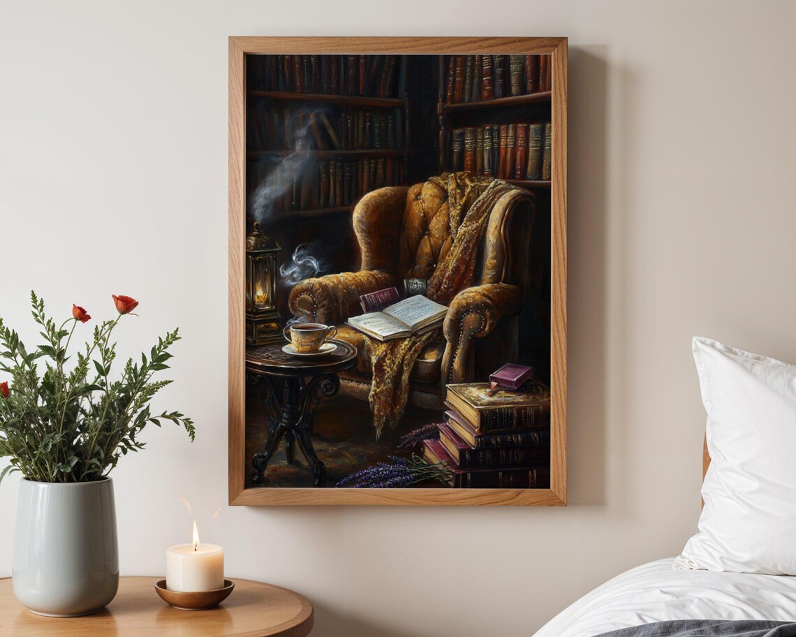 Cozy Vintage Library Scene, Reading Room Decor - Image 3