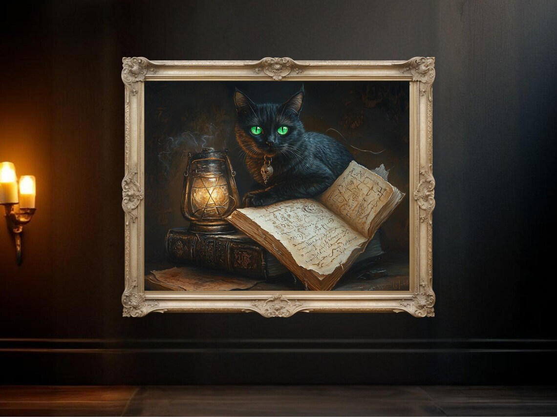 Mystical Black Cat With Green Eyes, Vintage Dark Fantasy Art Print