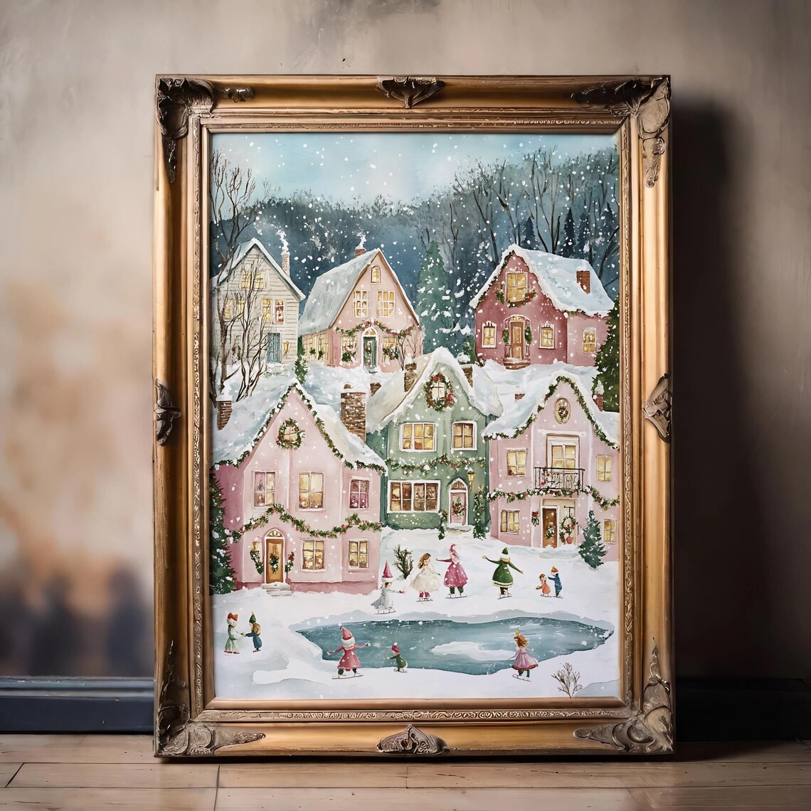 Holiday Village, Snowy Town Ice Rink Scene Art Print