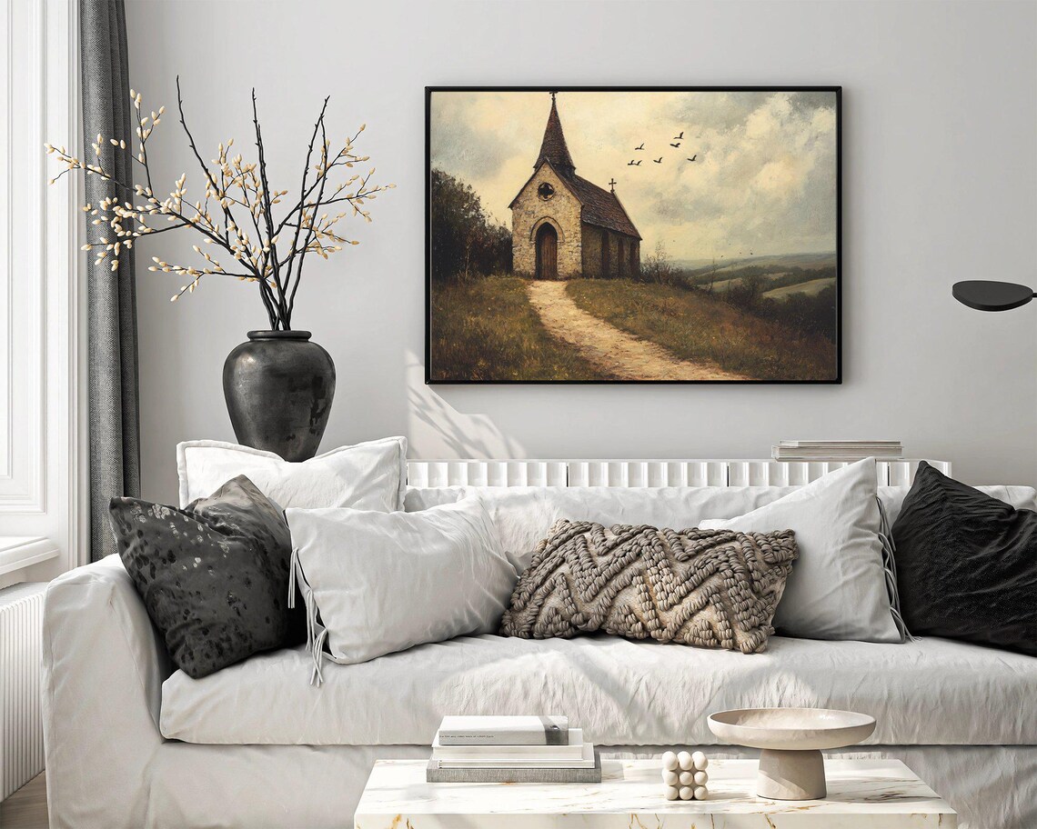 Vintage Church Landscape - Rustic Country Chapel Art Print - Image 3