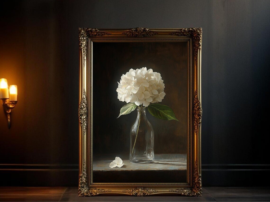 White Hydrangea In Glass Vase, Botanical Art Print