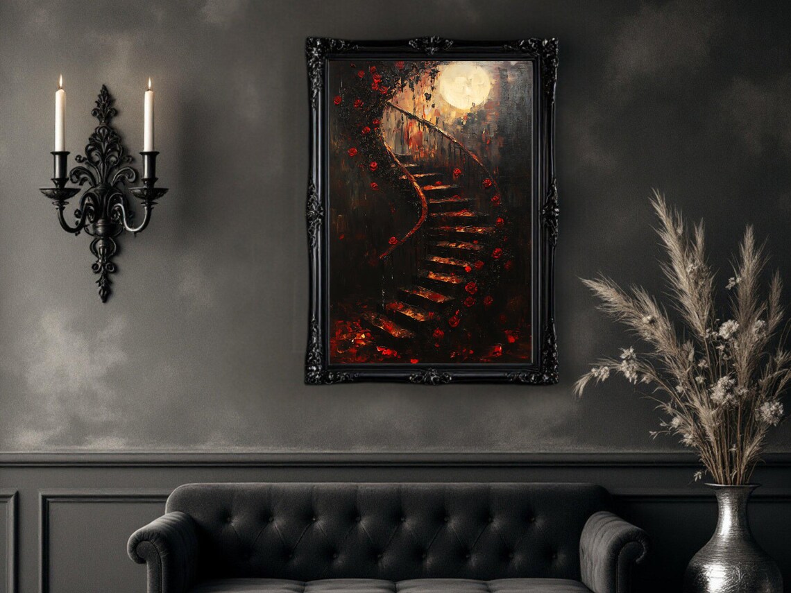 Dark Gothic Staircase With Roses, Moonlit Night Art Print - Image 2