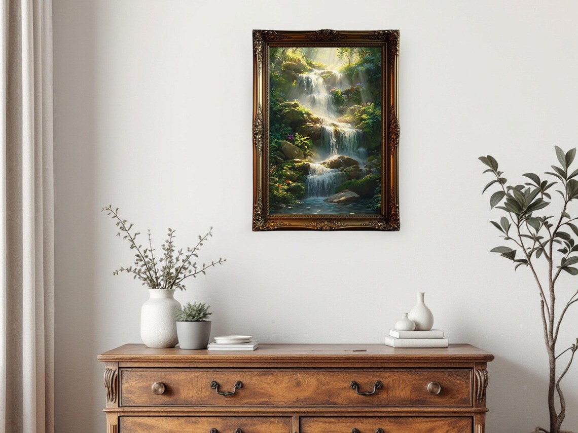 Serene Waterfall Nature Landscape, Forest Decor - Image 2