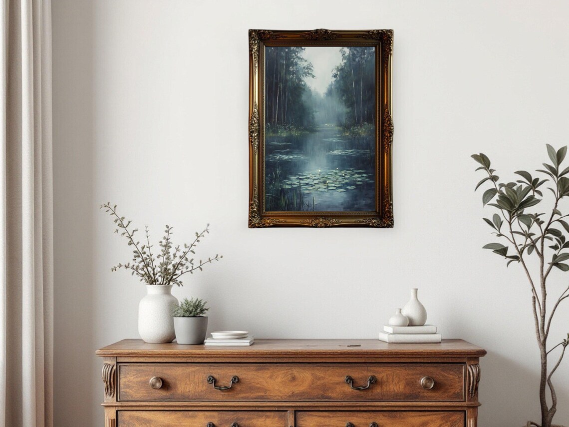 Serene Forest River, Misty Nature Landscape Art Print - Image 3