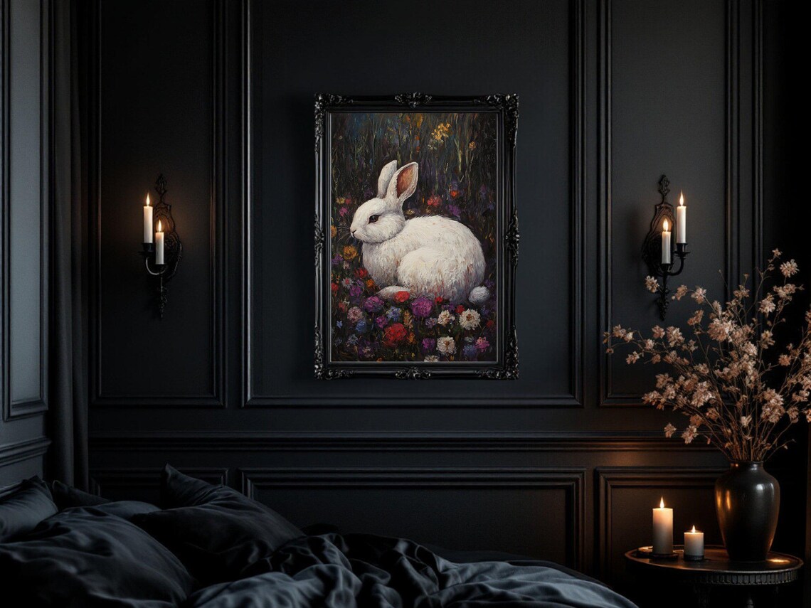 White Rabbit In Flower Field, Whimsical Floral Art Print - Image 2
