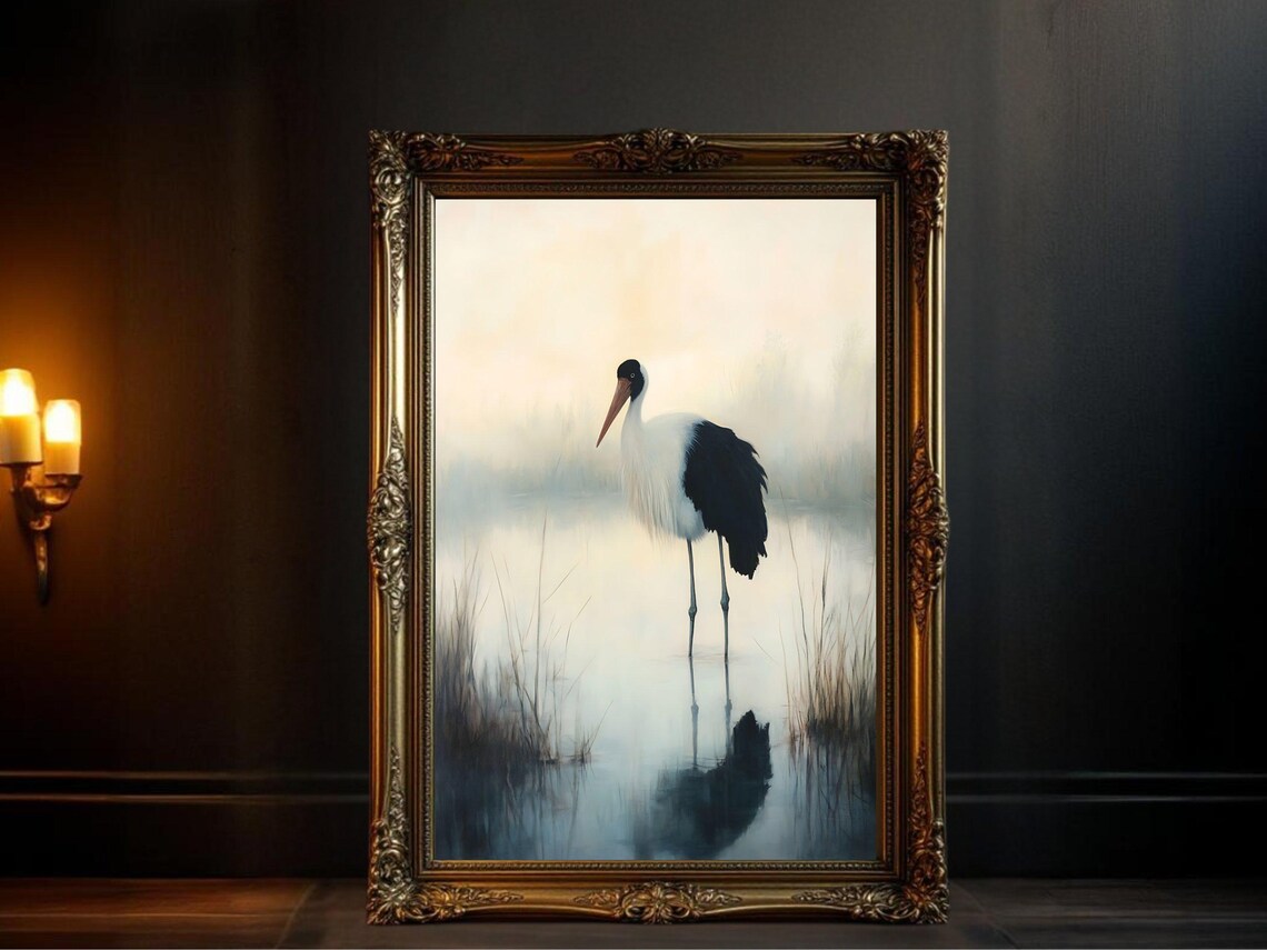 Elegant Bird In Misty Marsh, Watercolor Art Print