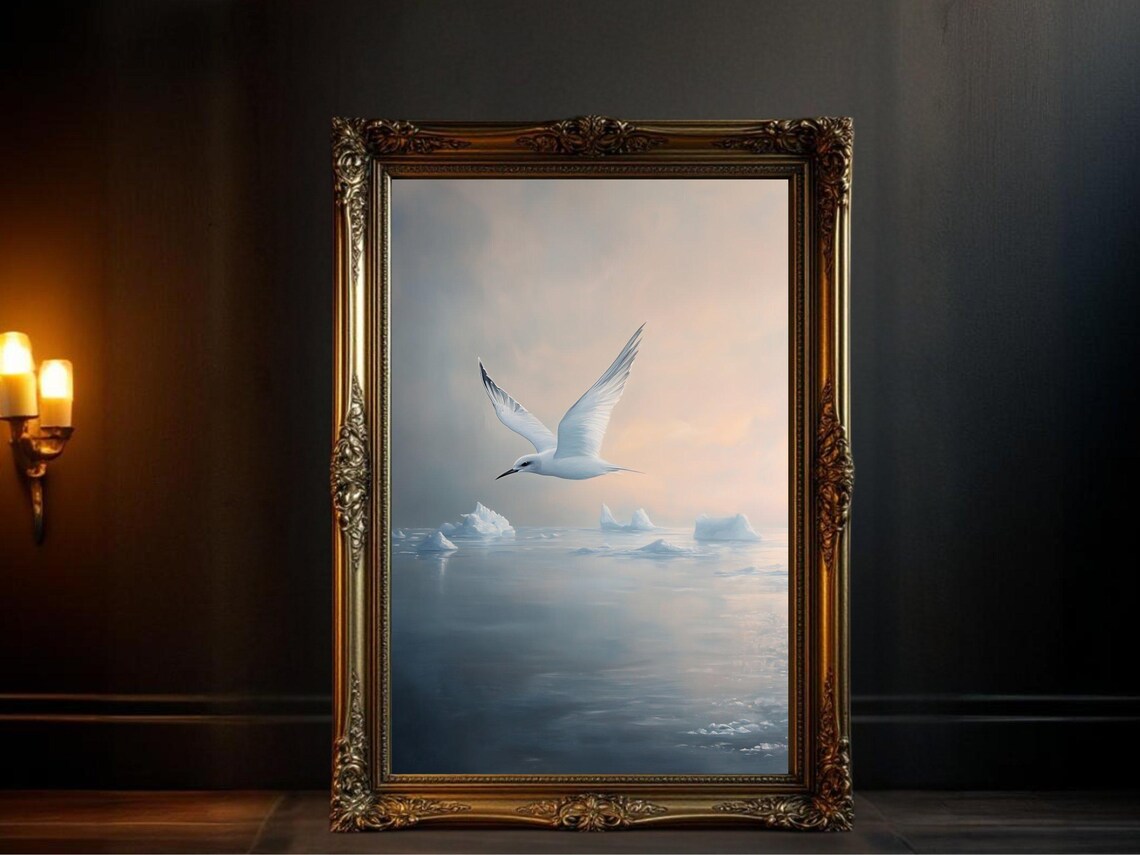 Serene Seagull Over Icy Waters, Coastal Seascape Print