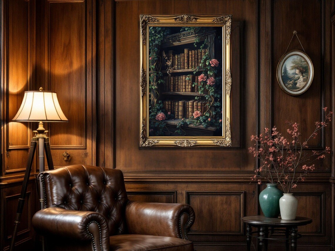 Vintage Bookshelf Art Print, Dark Academia Library Decor - Image 2