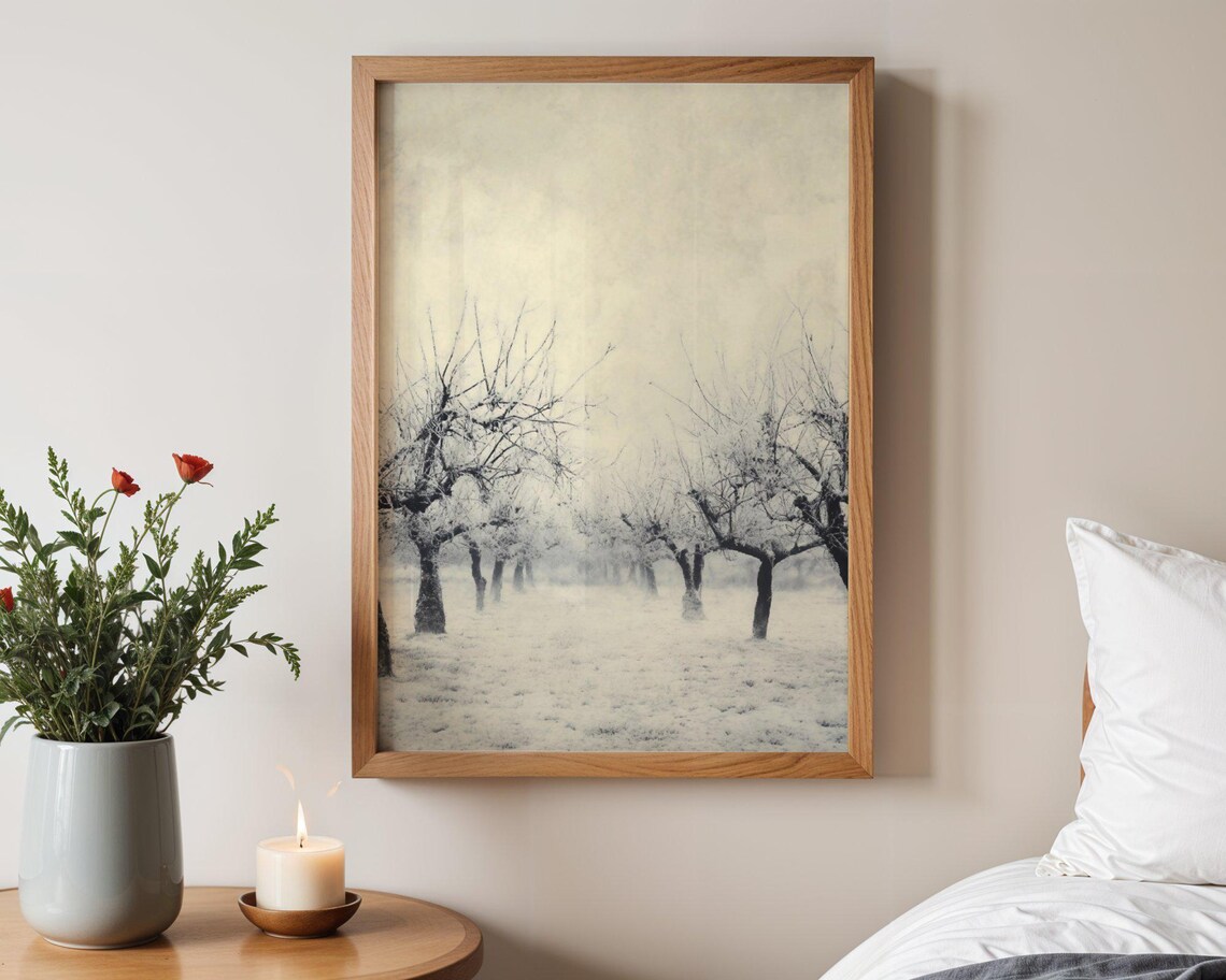 Winter Snowy Orchard, Minimalist Tree Landscape