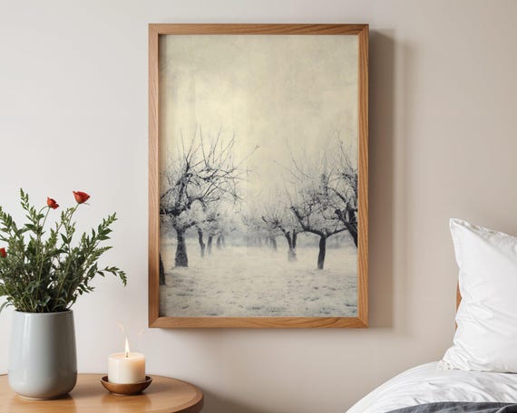 Winter Snowy Orchard, Minimalist Tree Landscape