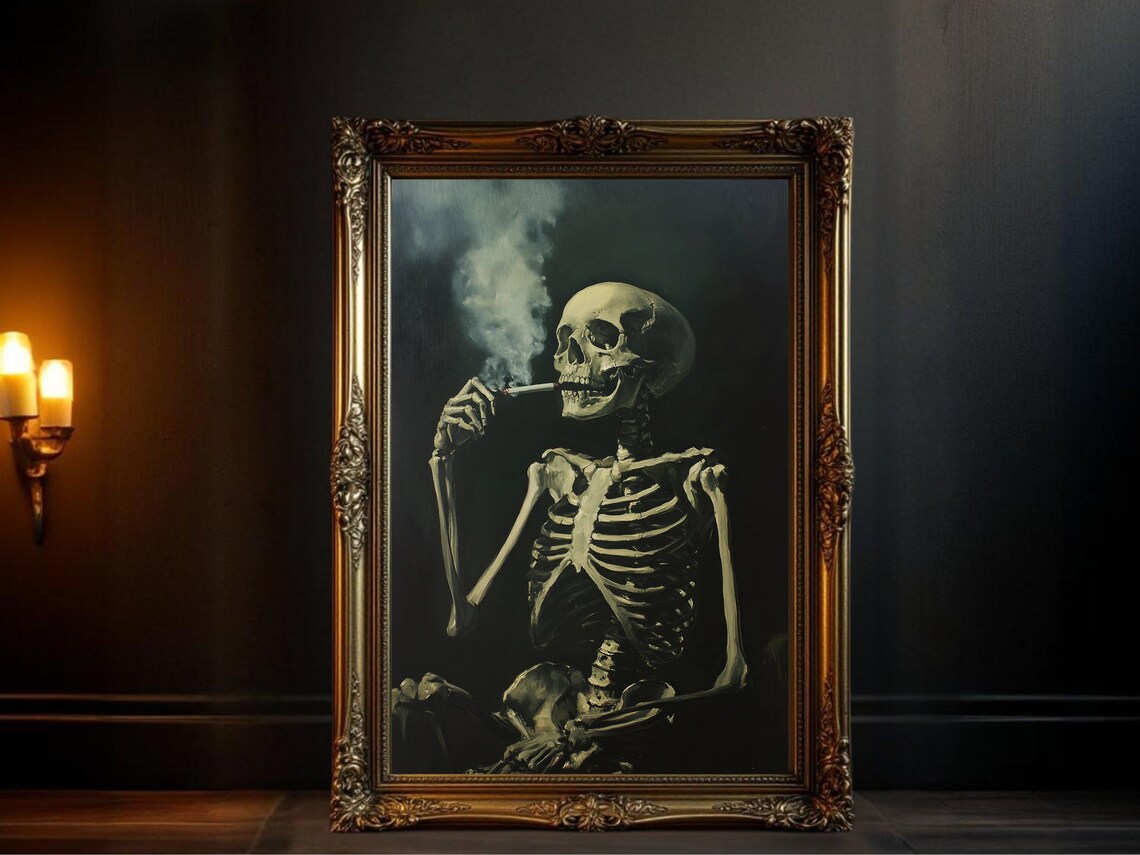 Vintage Smoking Skeleton Poster, Gothic Decor