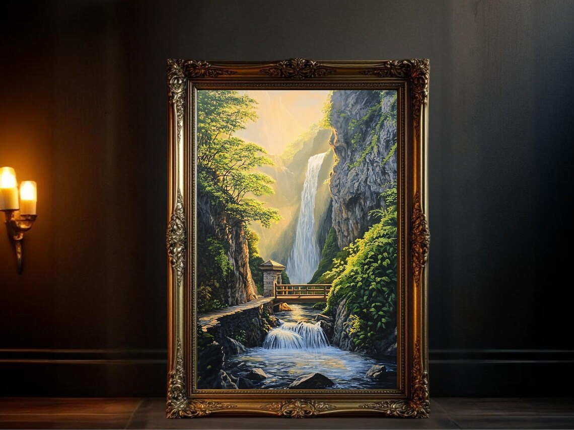 Mountain Waterfall Landscape, Nature Scenery Art Print
