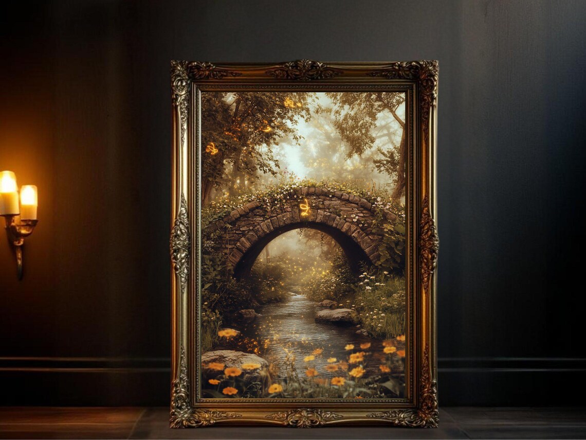 Enchanted Forest Bridge Art Print, Whimsical Nature