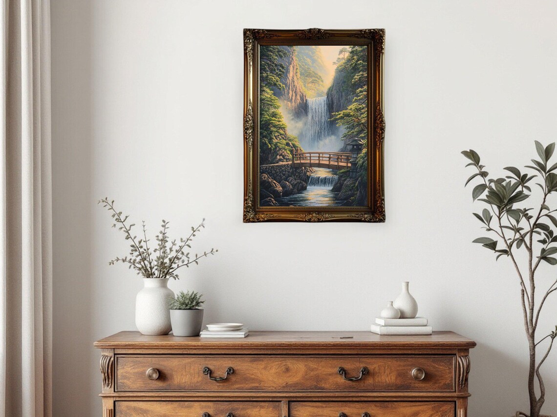 Serene Waterfall Bridge Art Print, Forest Landscape - Image 3