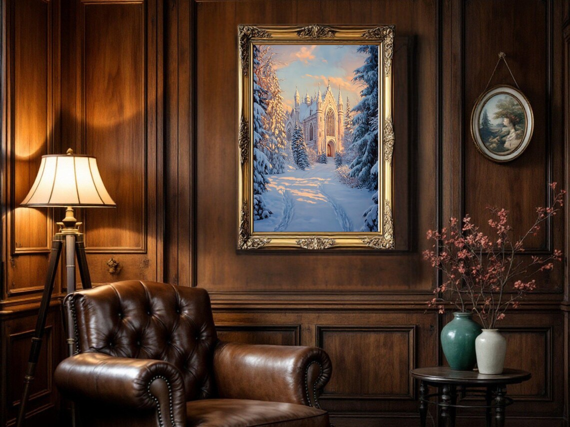 Winter Castle Painting, Snowy Church Scene - Image 3