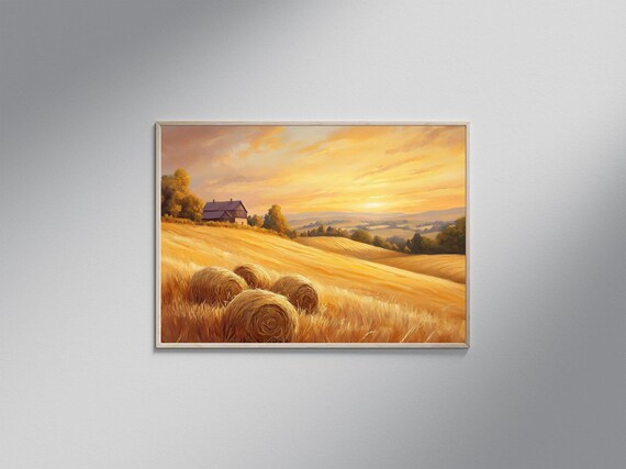 Country Sunset Farmhouse, Rustic Landscape Poster