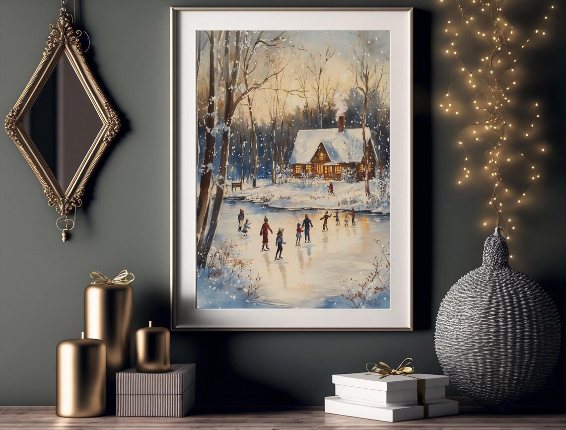 Winter Ice Rink Cabin, Festive Holiday Landscape - Image 3