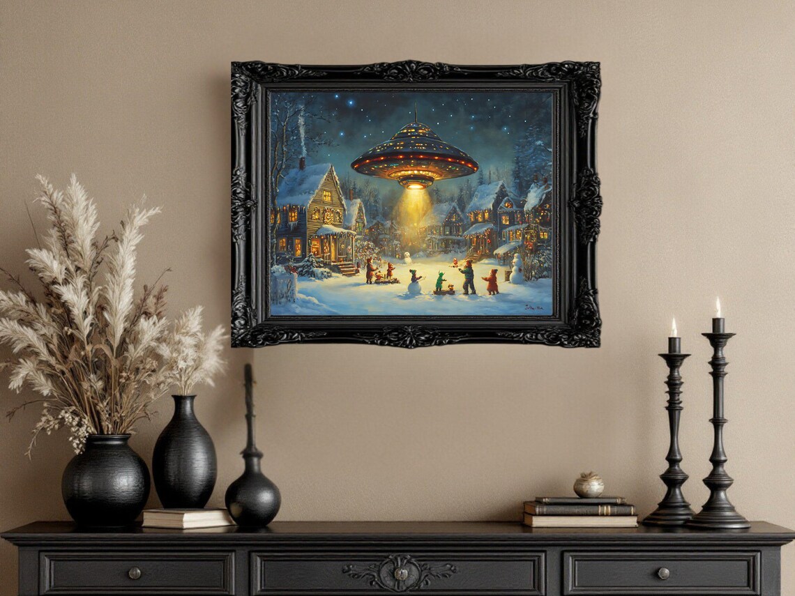 Christmas UFO Winter Village Scene, Holiday Decor - Image 2