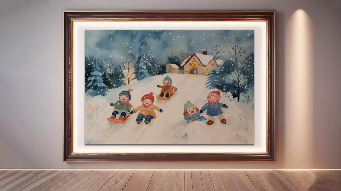 Joyful Holiday Sledding Art Print, Christmas Scene - Image 2