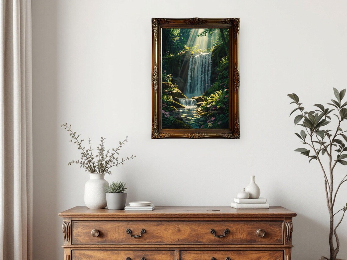 Enchanting Forest Waterfall Nature Landscape Art Print - Image 2