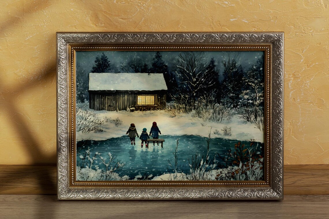 Vintage Winter Cabin And Ice Skating Scene