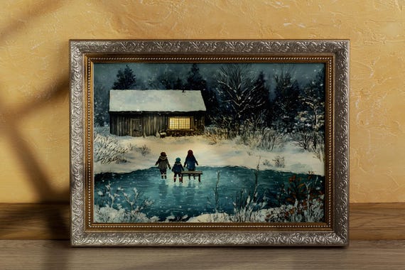Vintage Winter Cabin And Ice Skating Scene