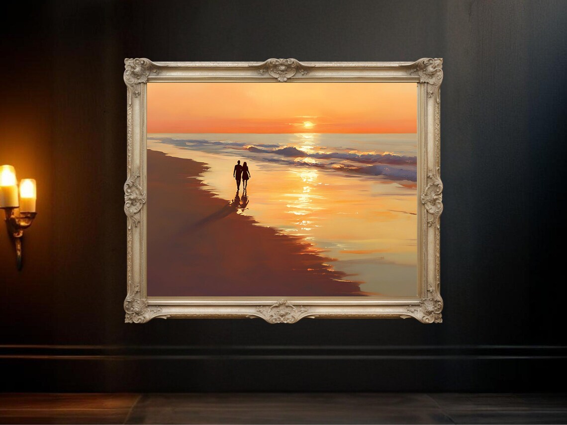 Romantic Beach Sunset, Couple Walking By Ocean