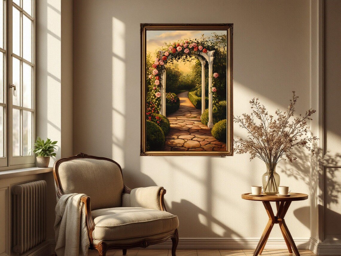 Garden Pathway Arch With Roses, Floral Artwork - Image 3