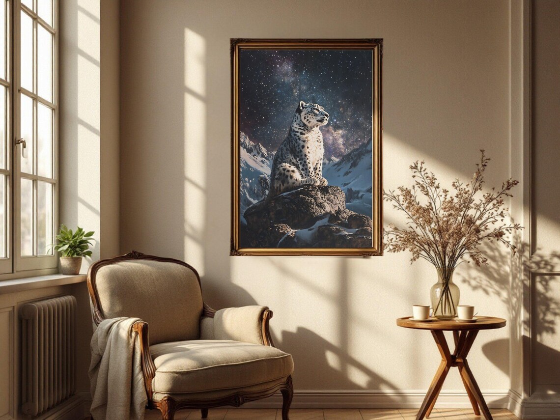Snow Leopard Art Print, Starry Night Nature Decor - Image 2