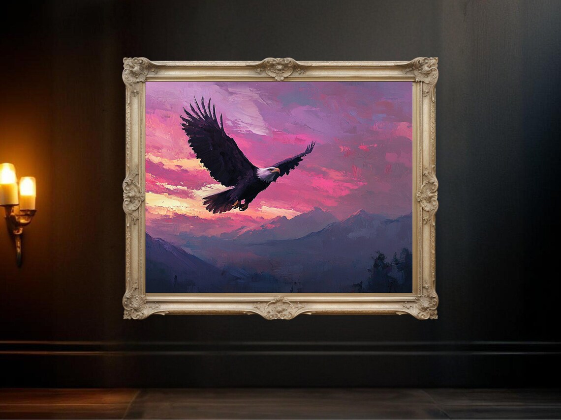 Majestic Eagle In Flight, Sunset Landscape Art Print