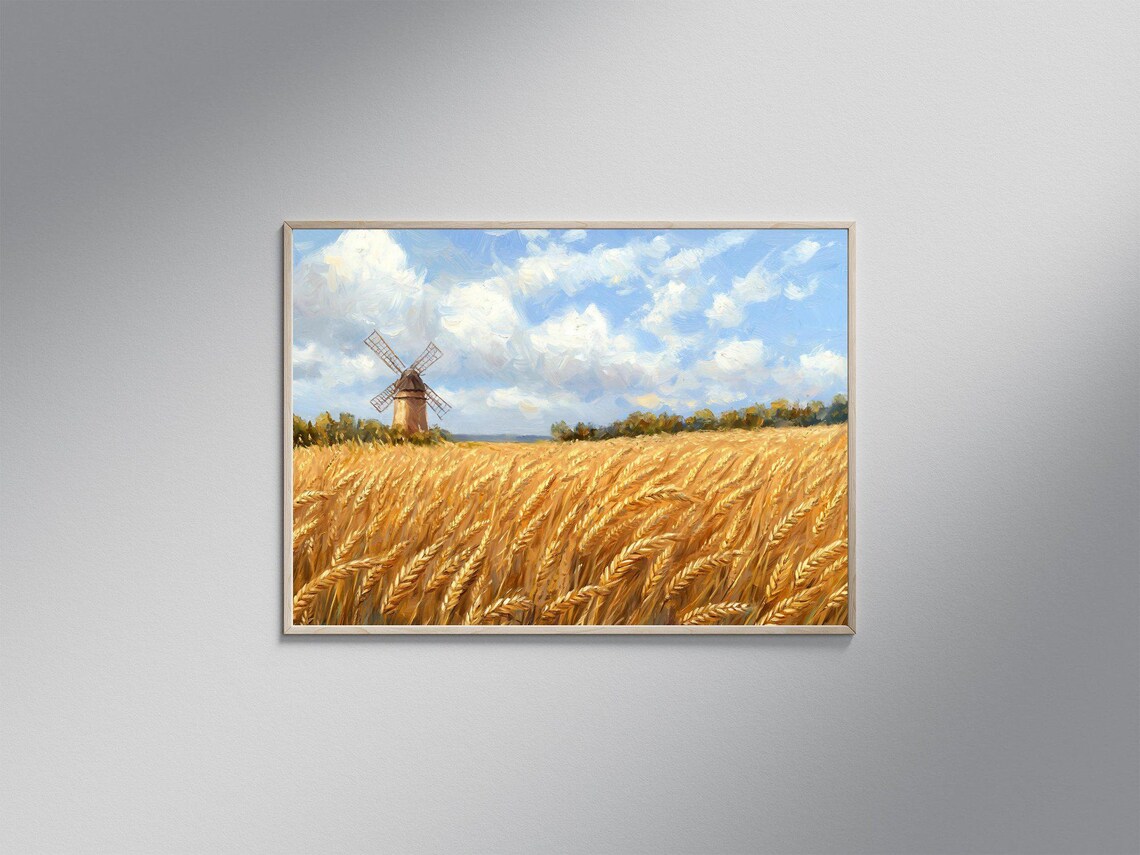 Rustic Windmill In Wheat Field, Vintage Farmhouse Decor
