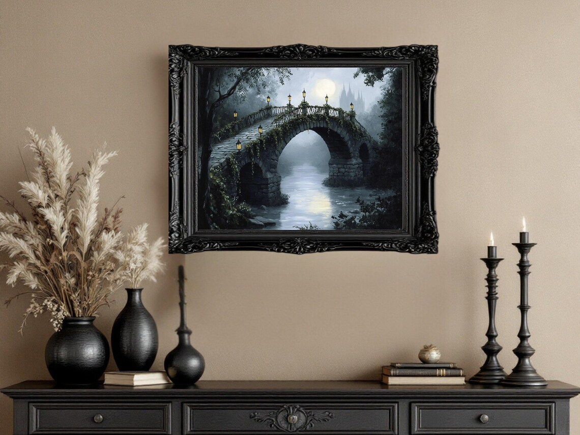 Mystical Moonlit Bridge, Gothic Castle Landscape Print - Image 3
