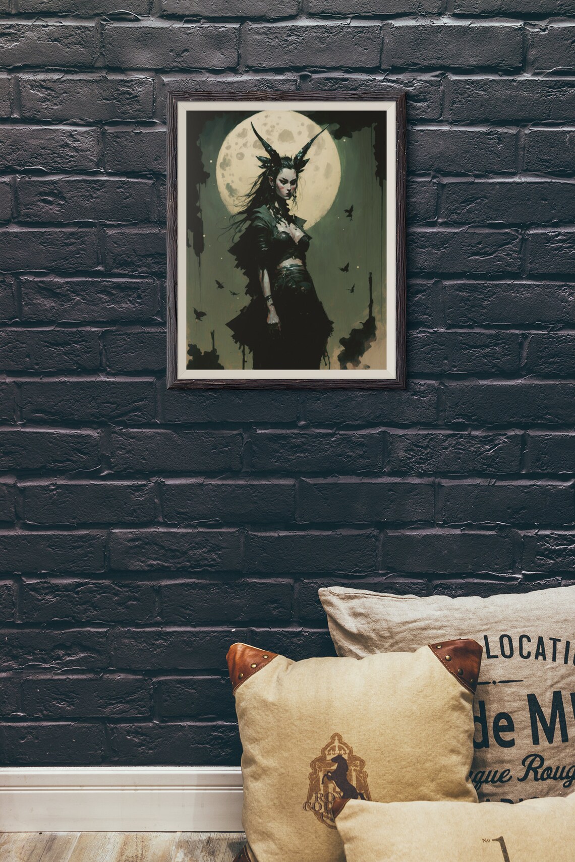 Dark Horned Moon Witch Full Moon Bats Gothic Fantasy Art Print - Image 2