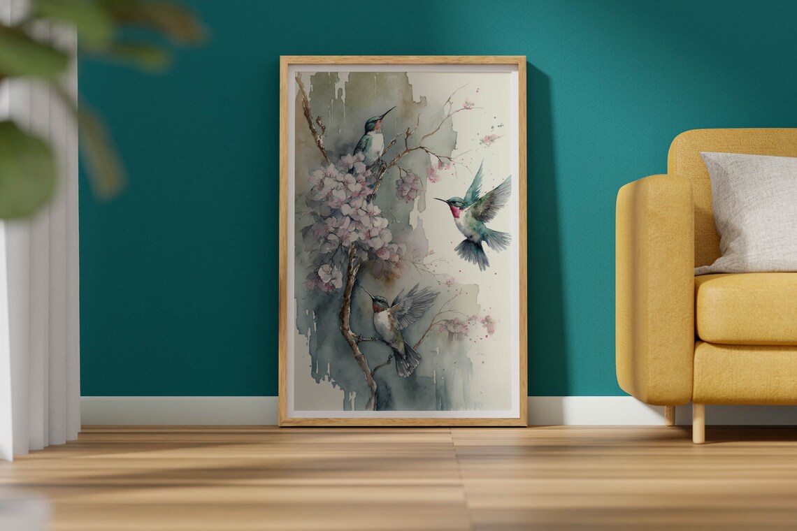 Mystic Three Hummingbirds Blossoms Soft Gray Watercolor Wall Art - Image 2