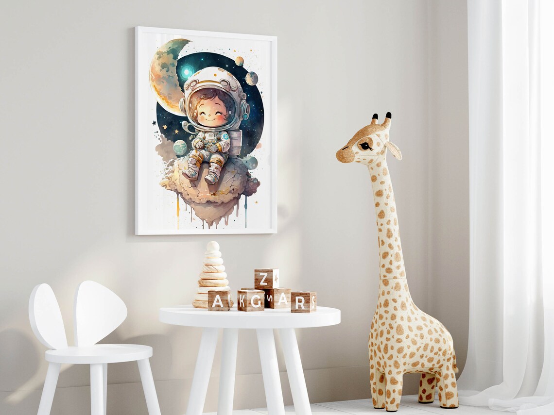 Smiling Baby Astronaut Watercolor Nursery Print Moon Planets Kids Decor - Image 2