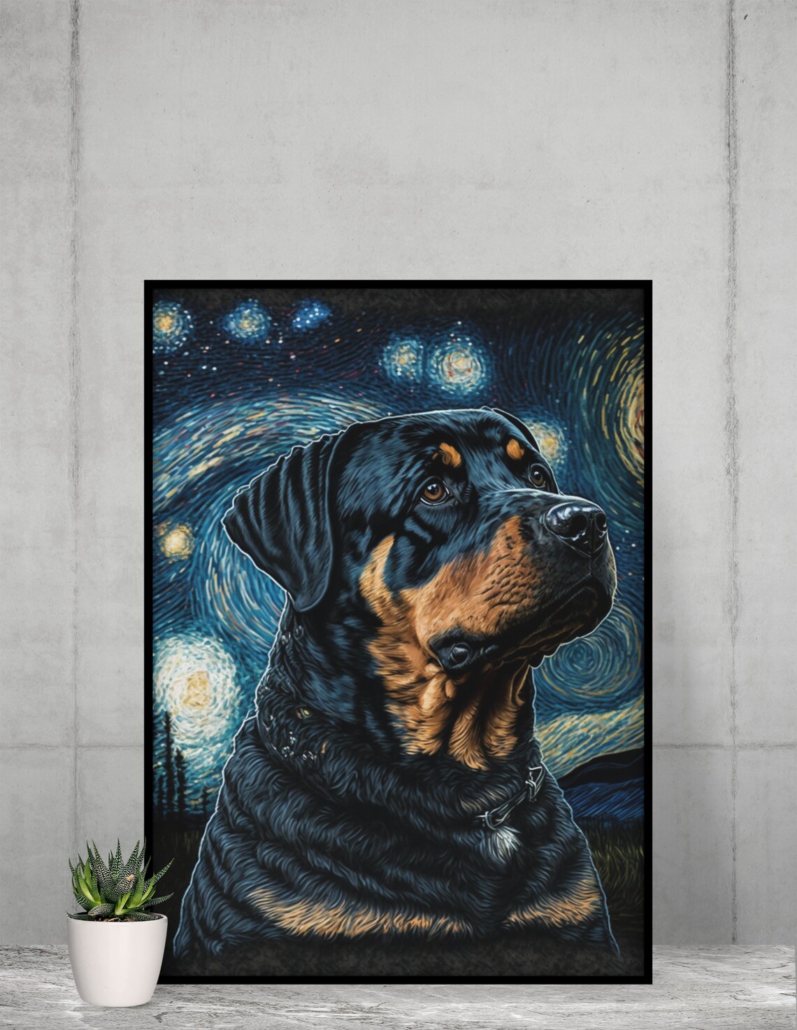 Classic Rottweiler Dog Starry Night Swirling Sky Portrait Poster - Image 2